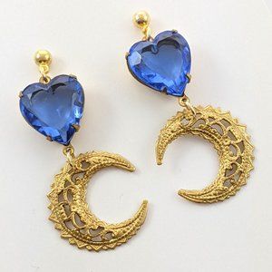 Blue Crystal Heart & Moon Earrings
